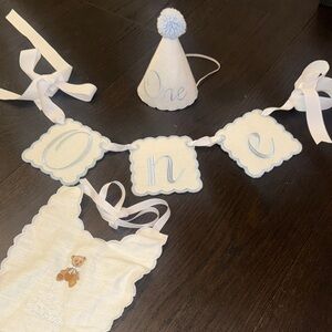 Charming Blue and White Knit Birthday Bib Set